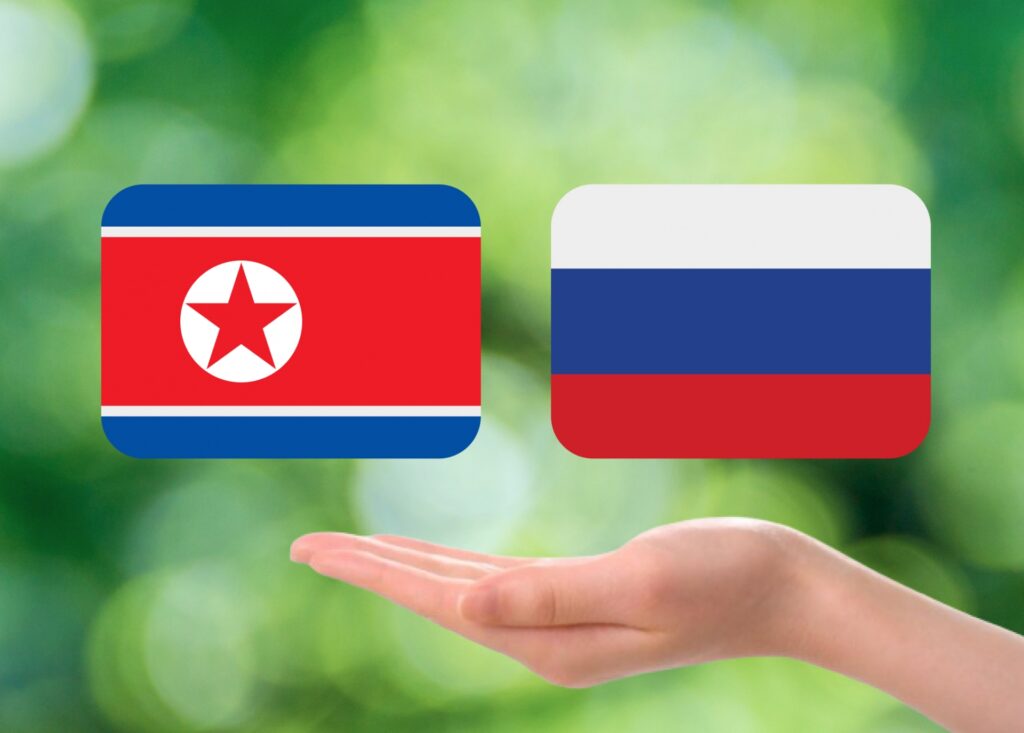 ロシアと北朝鮮の国旗を撮影した画像