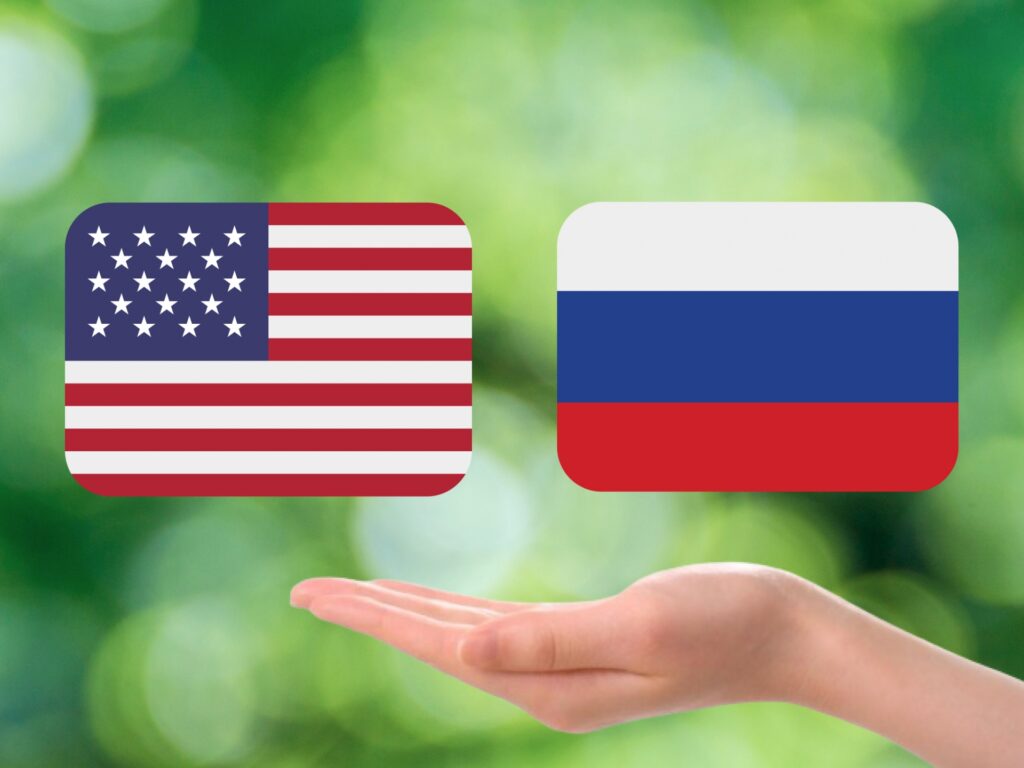 アメリカとロシアの国旗を撮影した写真
