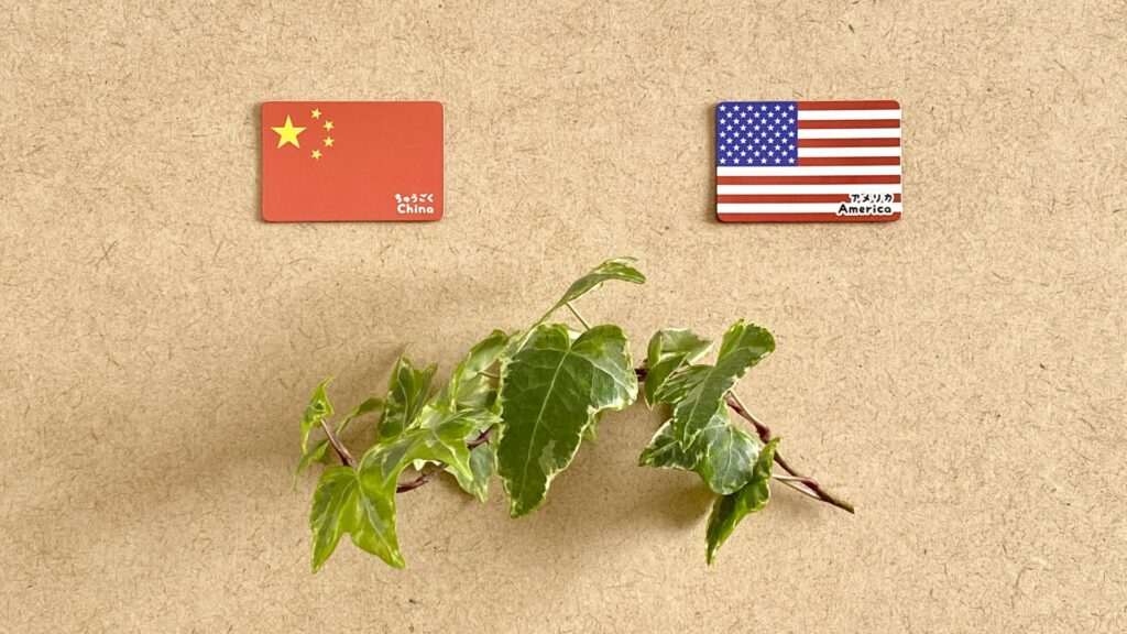 アメリカと中国の国旗を撮影した画像