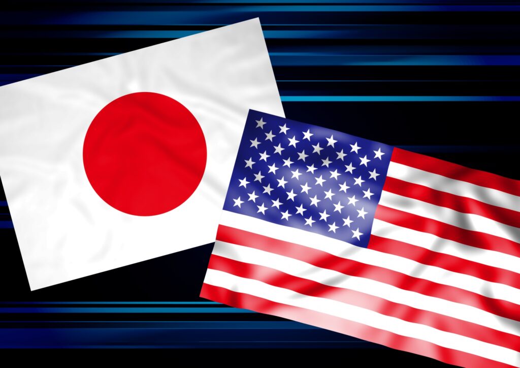 アメリカと日本の国旗を撮影した画像