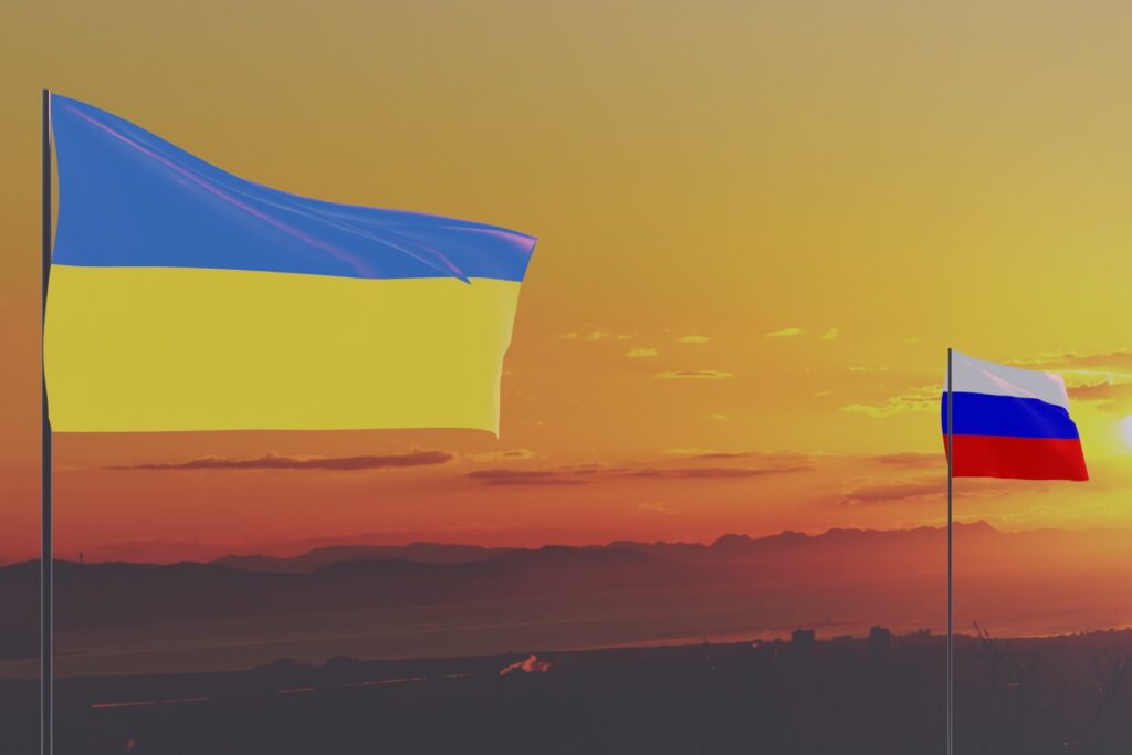 ロシアとウクライナの国旗を撮影した画像