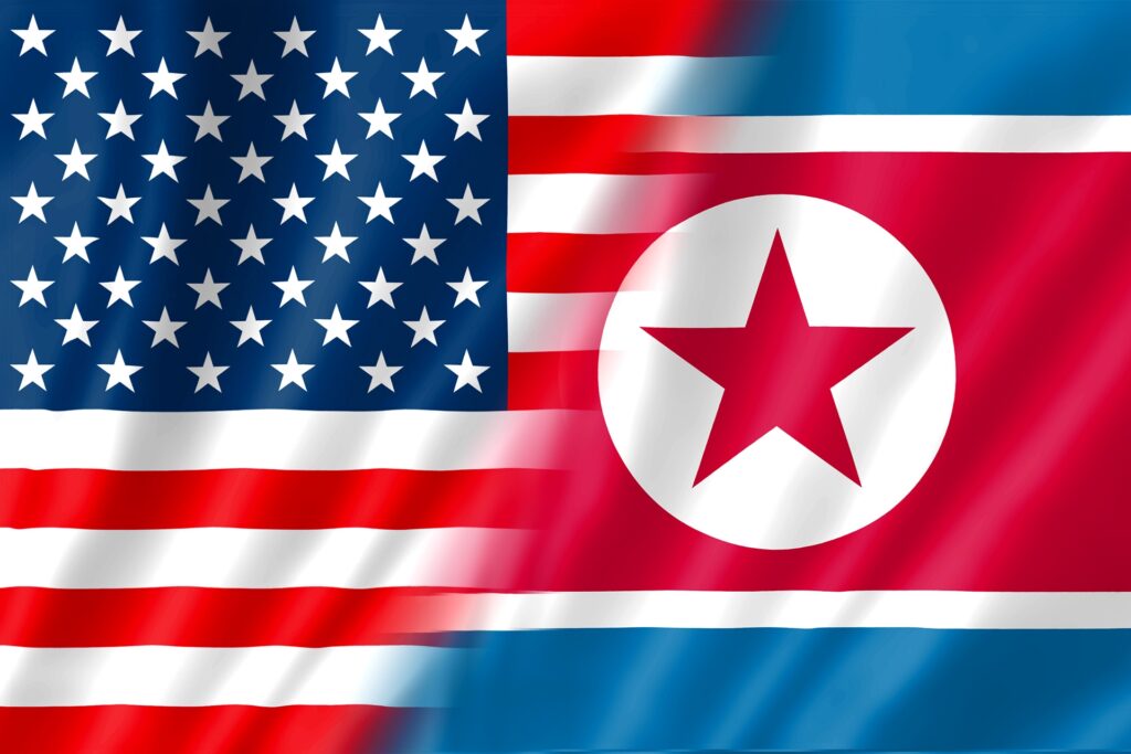 北朝鮮とアメリカの国旗を撮影した写真